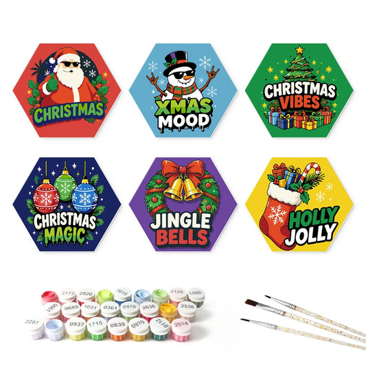 Paint by Numbers – 6 Mini Paintings | Christmas Vibes Badges (Hexagon)