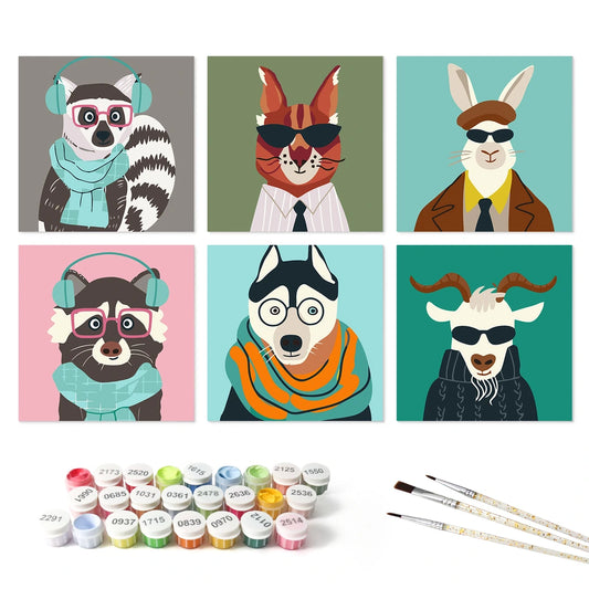 Paint by Numbers – 6 Mini Paintings | Cool Animals in Scarves (Square)