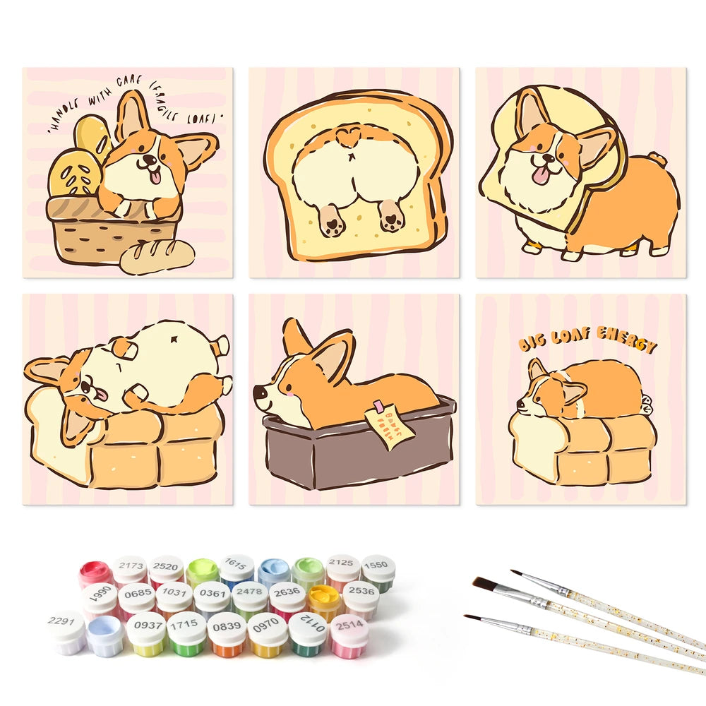 Paint by Numbers – 6 Mini Paintings | Corgi Bread Bakery (Square)