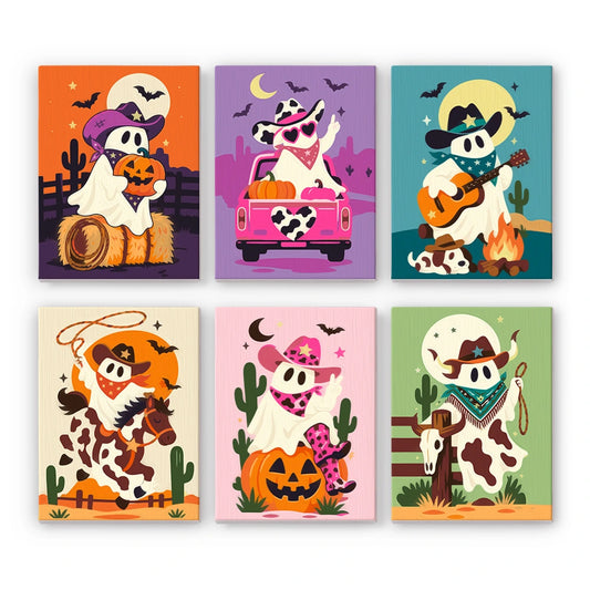 Paint by Numbers – 6 Mini Paintings | Cowboy Ghosts and Pumpkins Set
