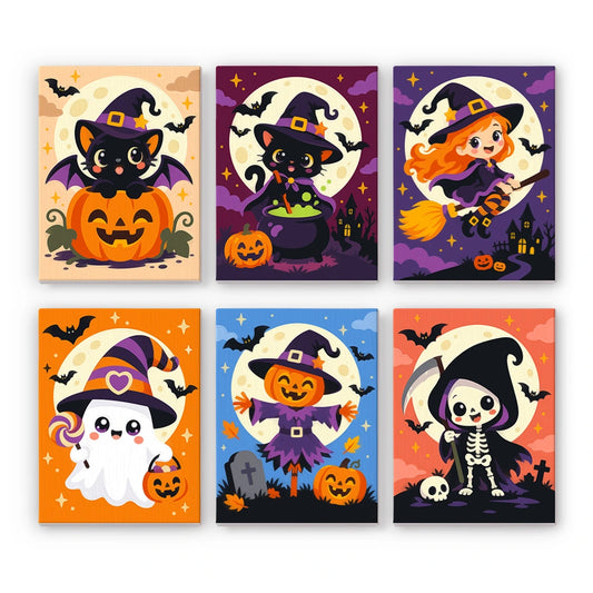 Paint by Numbers – 6 Mini Paintings | Cute Costume Characters Under the Moon Set