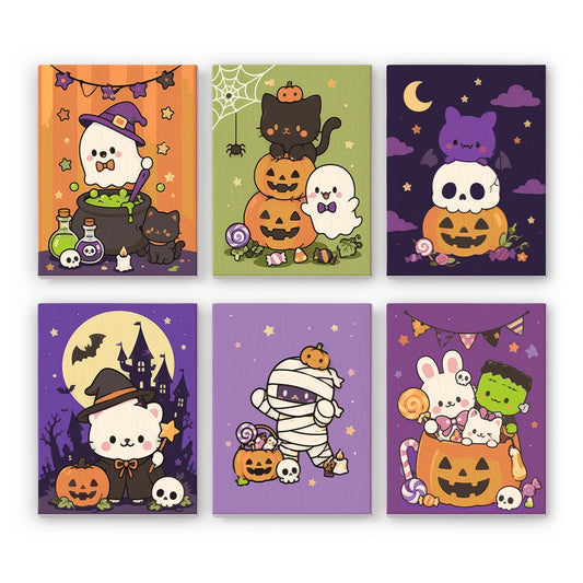 Paint by Numbers – 6 Mini Paintings | Cute Pastel Halloween Friends Set