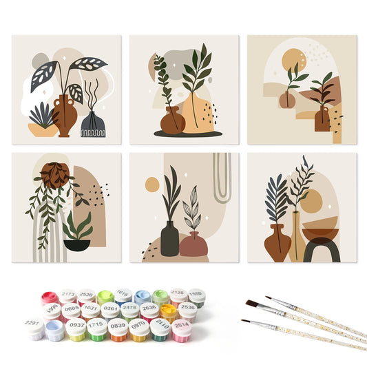 Paint by Numbers – 6 Mini Paintings | Earthy Abstract Plants (Square)