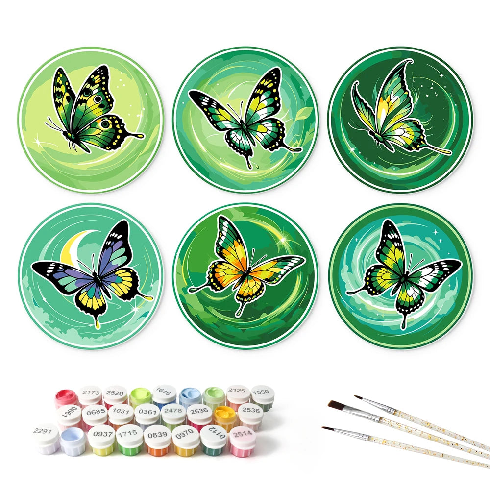 
Paint by Numbers – 6 Mini Paintings | Emerald Butterfly Rounds (Round)