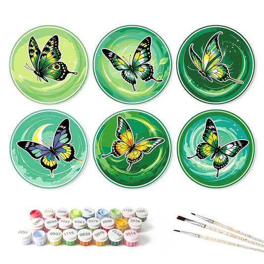 Paint by Numbers – 6 Mini Paintings | Emerald Butterfly Rounds (Round)