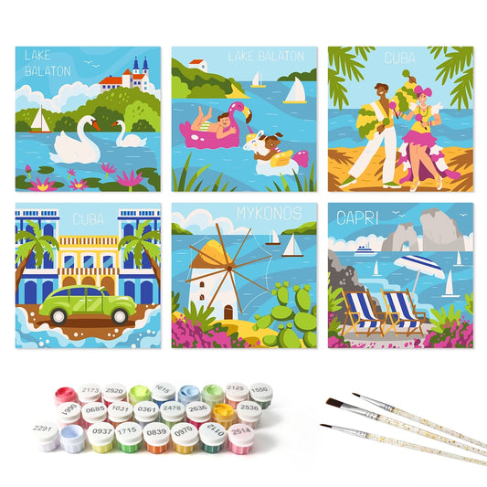 Paint by Numbers – 6 Mini Paintings | European Holiday Postcards (Square)