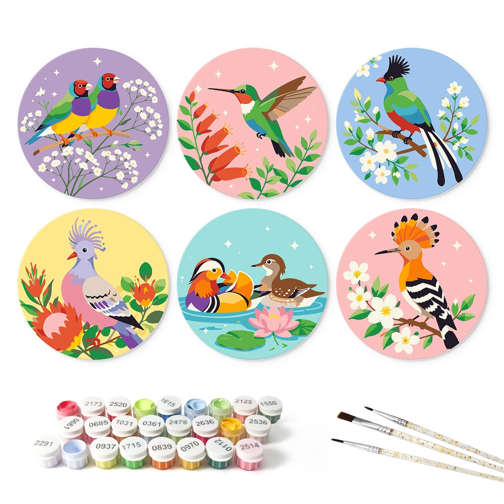 
Paint by Numbers – 6 Mini Paintings | Exotic Birds and Blossoms (Round)