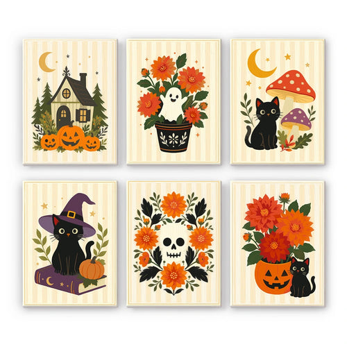 Paint by Numbers – 6 Mini Paintings | Floral Halloween Cats and Pumpkins Set