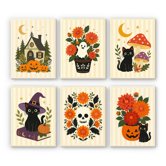 Paint by Numbers – 6 Mini Paintings | Floral Halloween Cats and Pumpkins Set