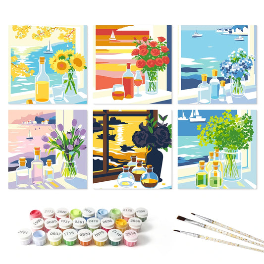Paint by Numbers – 6 Mini Paintings | Flowers by the Window (Square)