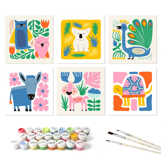 Paint by Numbers – 6 Mini Paintings | Folk Art Animal Squares (Square)