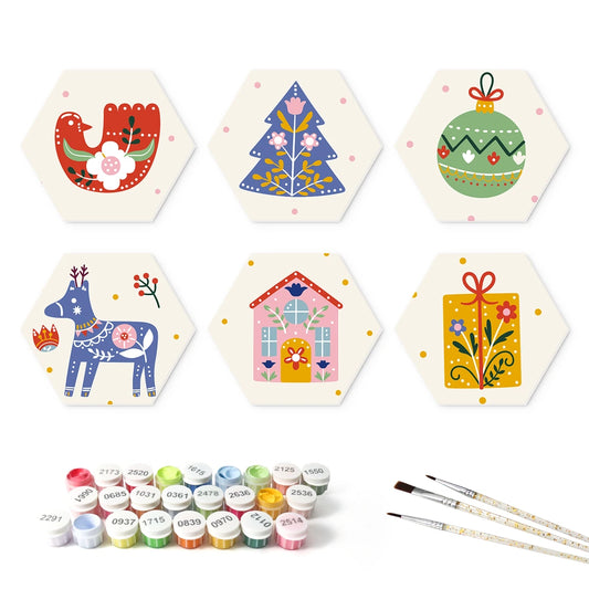 Paint by Numbers – 6 Mini Paintings | Folk Art Christmas Icons (Hexagon)