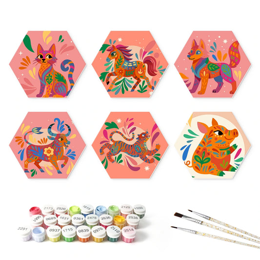 Paint by Numbers – 6 Mini Paintings | Folk Art Spirit Animals (Hexagon)
