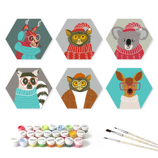 Paint by Numbers – 6 Mini Paintings | Forest Animals in Sweaters (Hexagon)