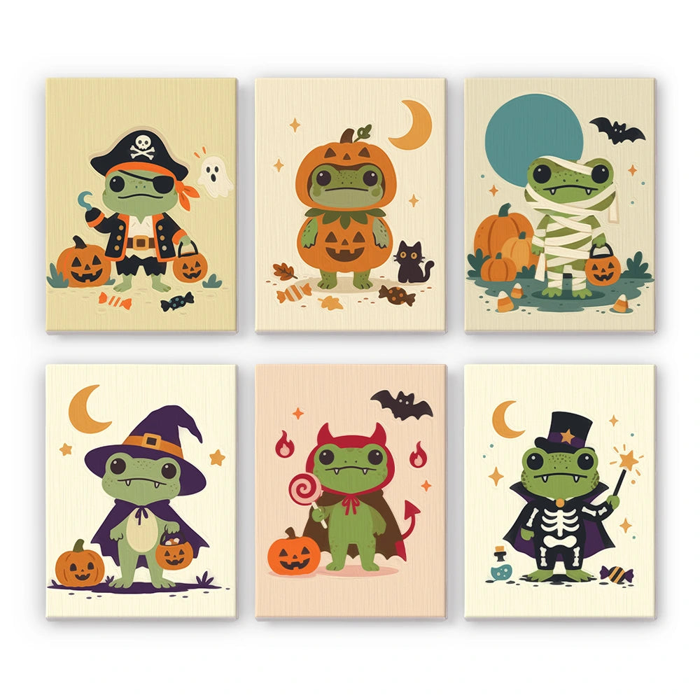 Paint by Numbers – 6 Mini Paintings | Frogs in Halloween Costumes Set