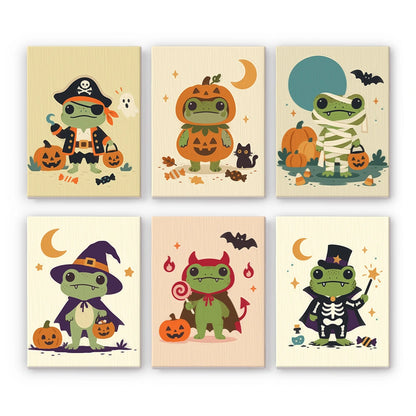 Paint by Numbers – 6 Mini Paintings | Frogs in Halloween Costumes Set