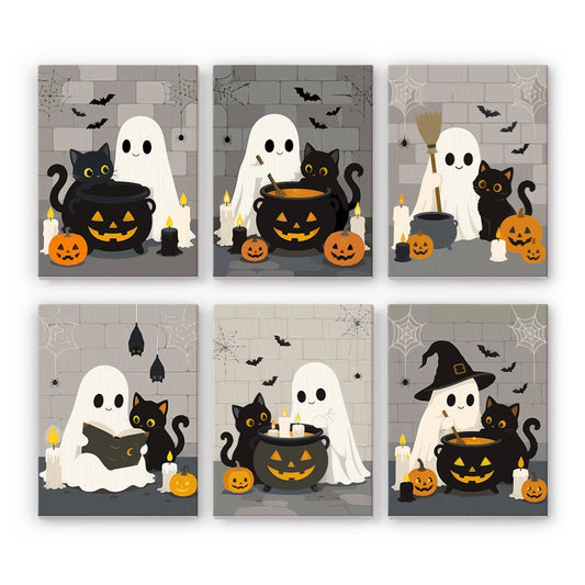 Paint by Numbers – 6 Mini Paintings | Ghosts and Black Cats with Cauldrons Set