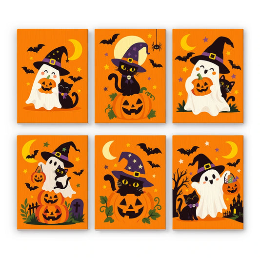 Paint by Numbers – 6 Mini Paintings | Ghosts and Cats in Witch Hats Set