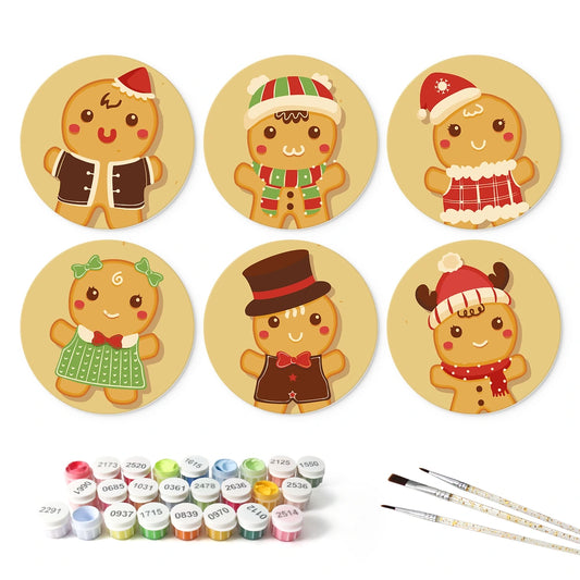 Paint by Numbers – 6 Mini Paintings | Gingerbread Cookie Family (Round)