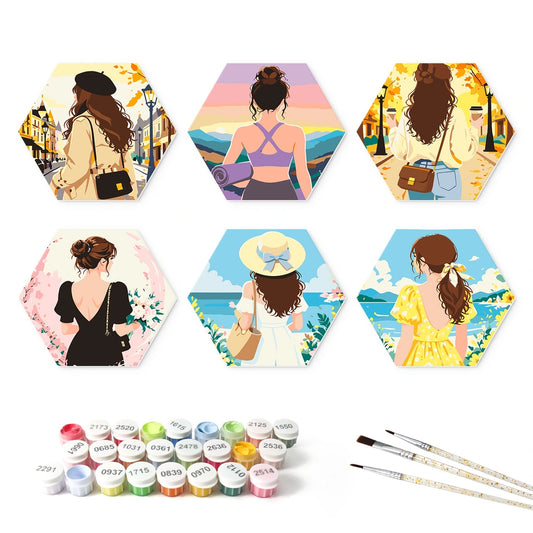 Paint by Numbers – 6 Mini Paintings | Girls on Vacation (Hexagon)