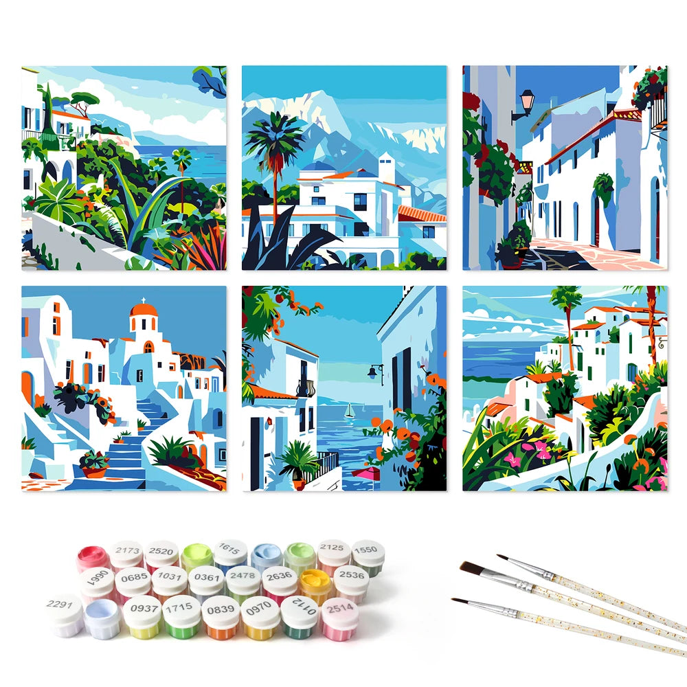 
Paint by Numbers – 6 Mini Paintings | Greek Island Alleys (Square)