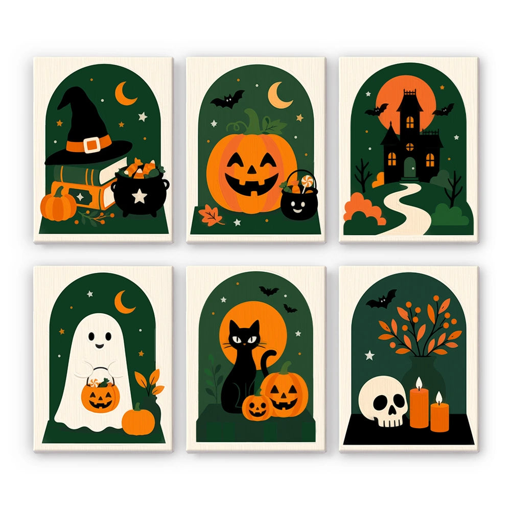 Paint by Numbers – 6 Mini Paintings | Green Arch Halloween Scenes Set