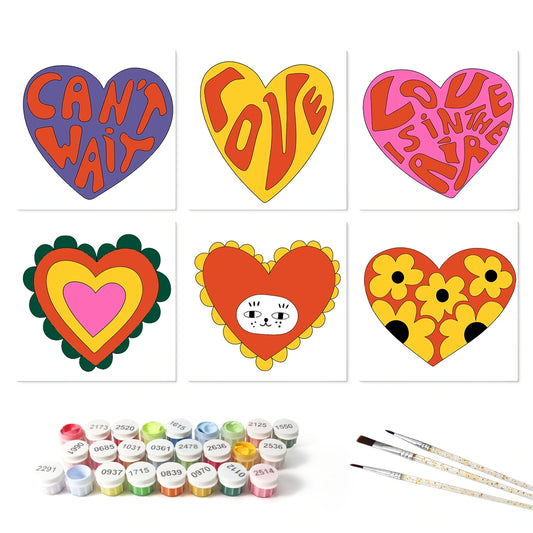 Paint by Numbers – 6 Mini Paintings | Groovy Heart Collection (Square)