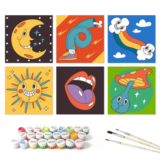 Paint by Numbers – 6 Mini Paintings | Groovy Retro Faces (Square)