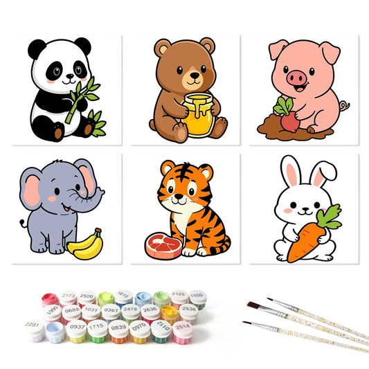 Paint by Numbers – 6 Mini Paintings | Happy Baby Zoo Animals (Square)