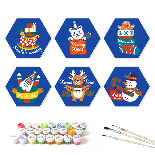 Paint by Numbers – 6 Mini Paintings | Ho Ho Ho Christmas Badges (Hexagon)