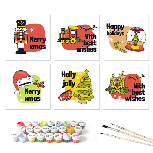 Paint by Numbers – 6 Mini Paintings | Holly Jolly Retro Cards (Square)
