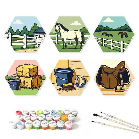 Paint by Numbers – 6 Mini Paintings | Horse Stable Life (Hexagon)