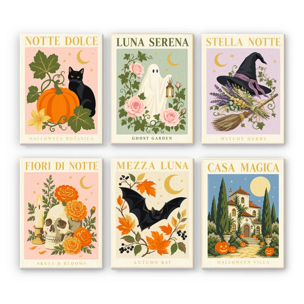 Paint by Numbers – 6 Mini Paintings | Italian Botanical Halloween Posters Set