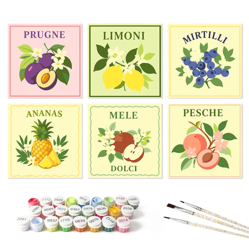 Paint by Numbers – 6 Mini Paintings | Italian Fruit Labels (Square)
