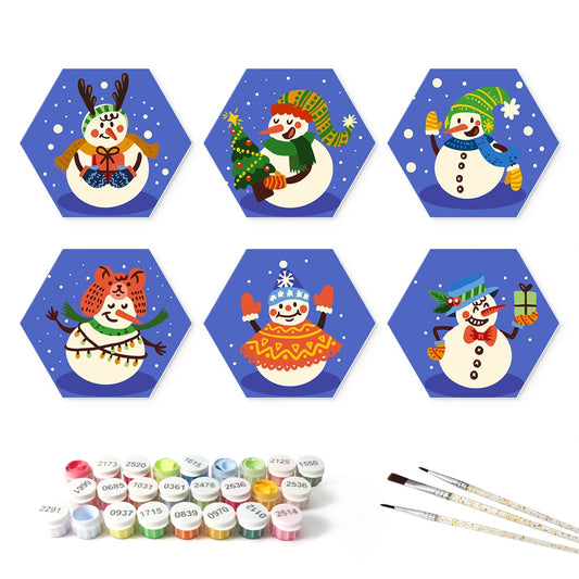 Paint by Numbers – 6 Mini Paintings | Jolly Snowman Crew (Hexagon)