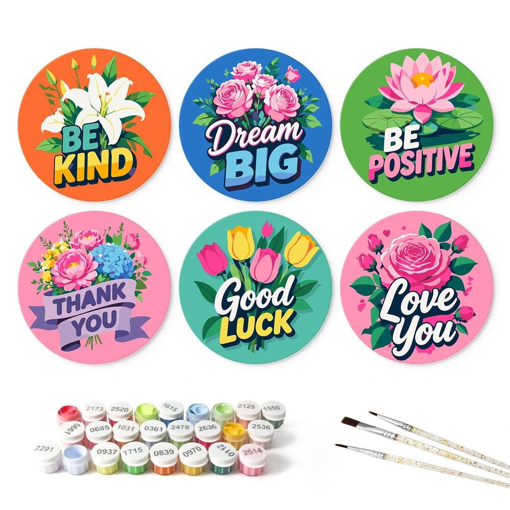 Paint by Numbers – 6 Mini Paintings | Kind Words Flower Rounds (Round)