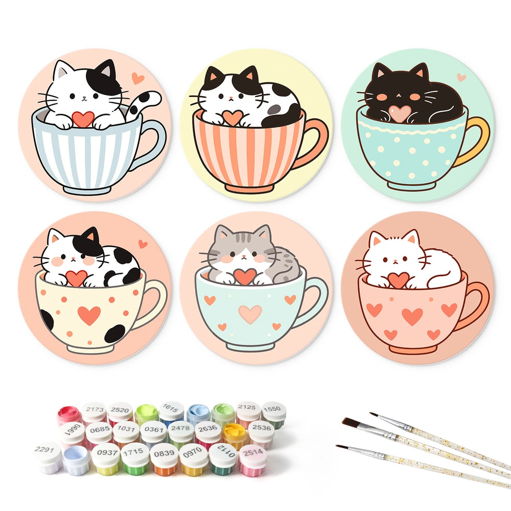 Paint by Numbers – 6 Mini Paintings | Kittens in Teacups (Round)