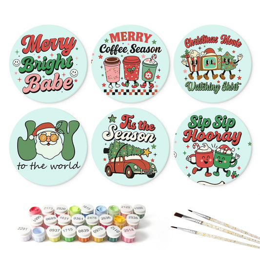 Paint by Numbers – 6 Mini Paintings | Merry Bright Retro Labels (Round)