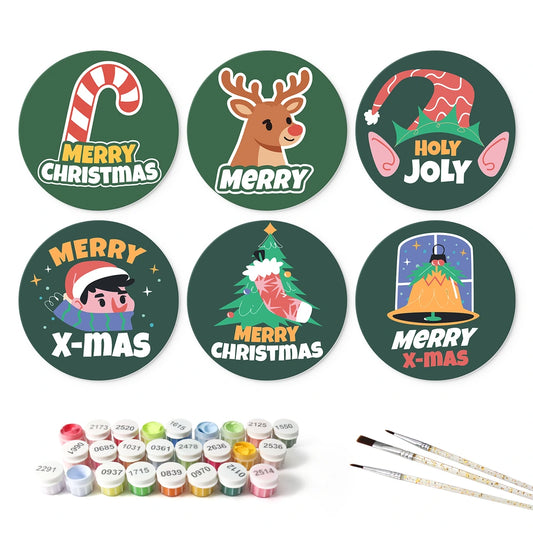 Paint by Numbers – 6 Mini Paintings | Merry X-Mas Night Badges (Round)