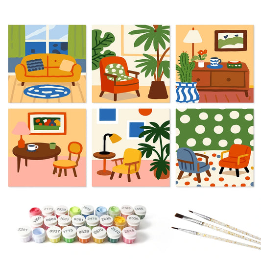 Paint by Numbers – 6 Mini Paintings | Mid-Century Living Rooms (Square)