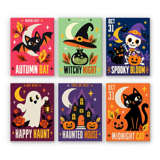 Paint by Numbers – 6 Mini Paintings | Midnight Cat and Spooky Bloom Posters Set