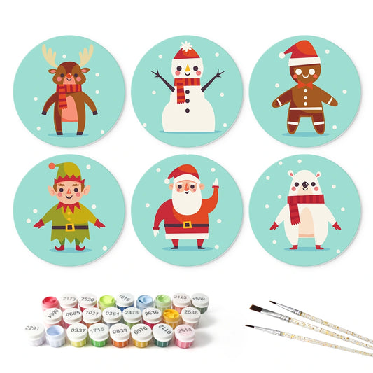 Paint by Numbers – 6 Mini Paintings | Mint Christmas Characters (Round)
