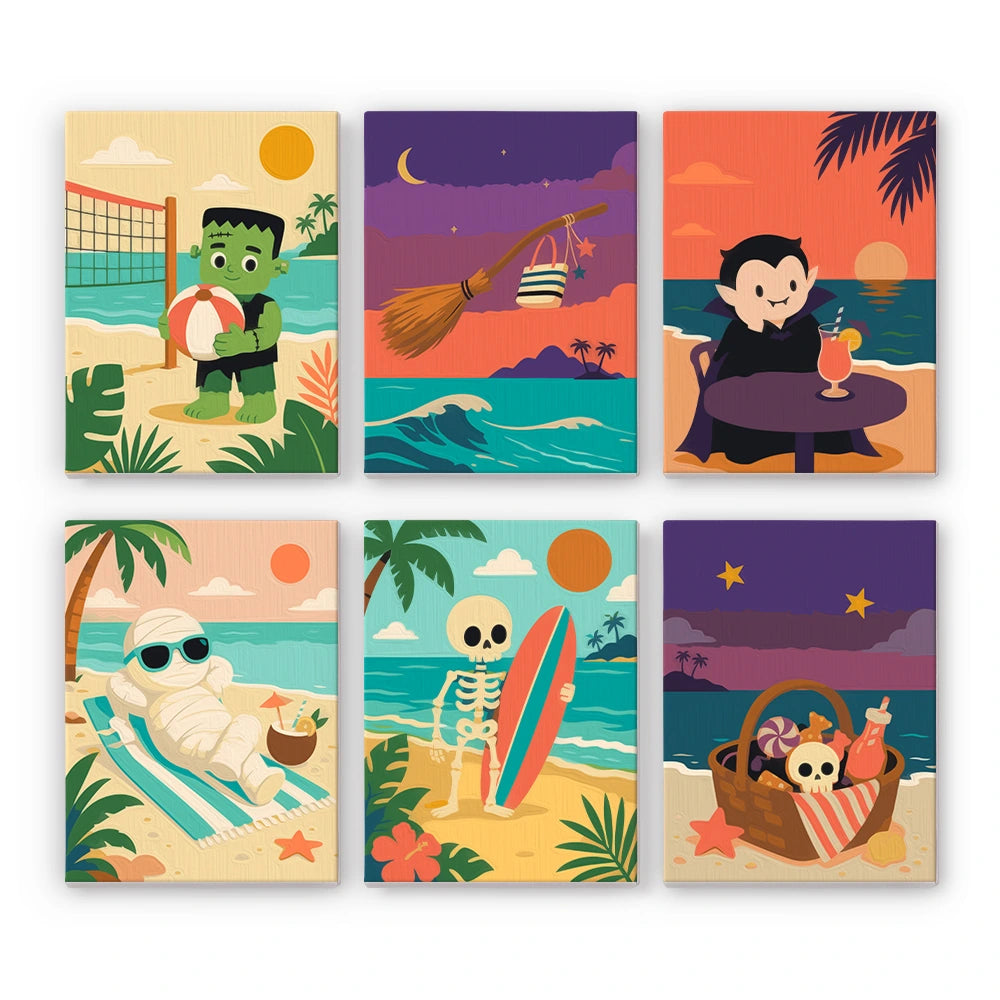 Paint by Numbers – 6 Mini Paintings | Monsters on Beach Vacation Set