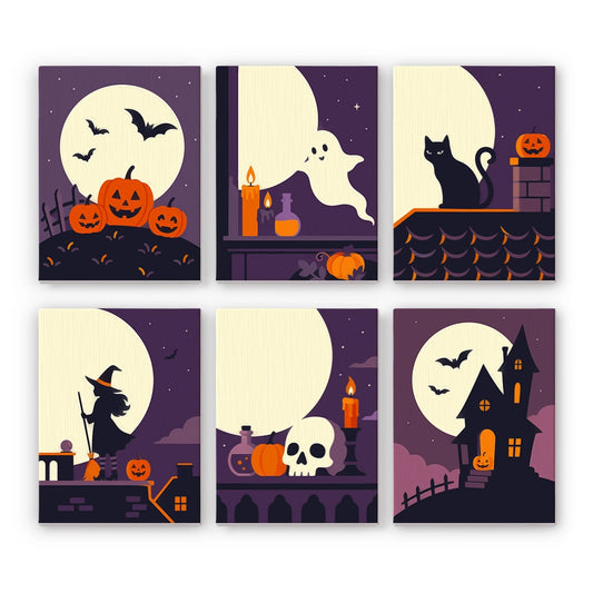 Paint by Numbers – 6 Mini Paintings | Moonlit Rooftop Silhouettes Set