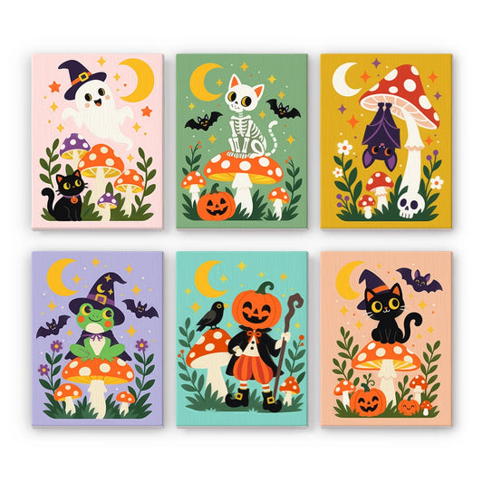 Paint by Numbers – 6 Mini Paintings | Mushroom Garden Halloween Friends Set