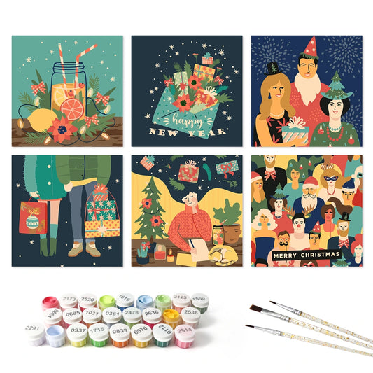 Paint by Numbers – 6 Mini Paintings | New Year Celebration Crowd (Square)