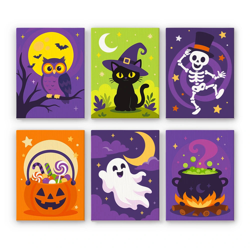 Paint by Numbers – 6 Mini Paintings | Owl, Cat and Dancing Skeleton Set