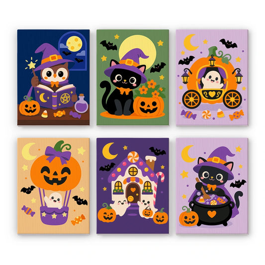 Paint by Numbers – 6 Mini Paintings | Owl Witch and Pumpkin Carriage Set