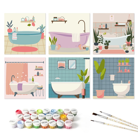 Paint by Numbers – 6 Mini Paintings | Pastel Bathroom Interiors (Square)