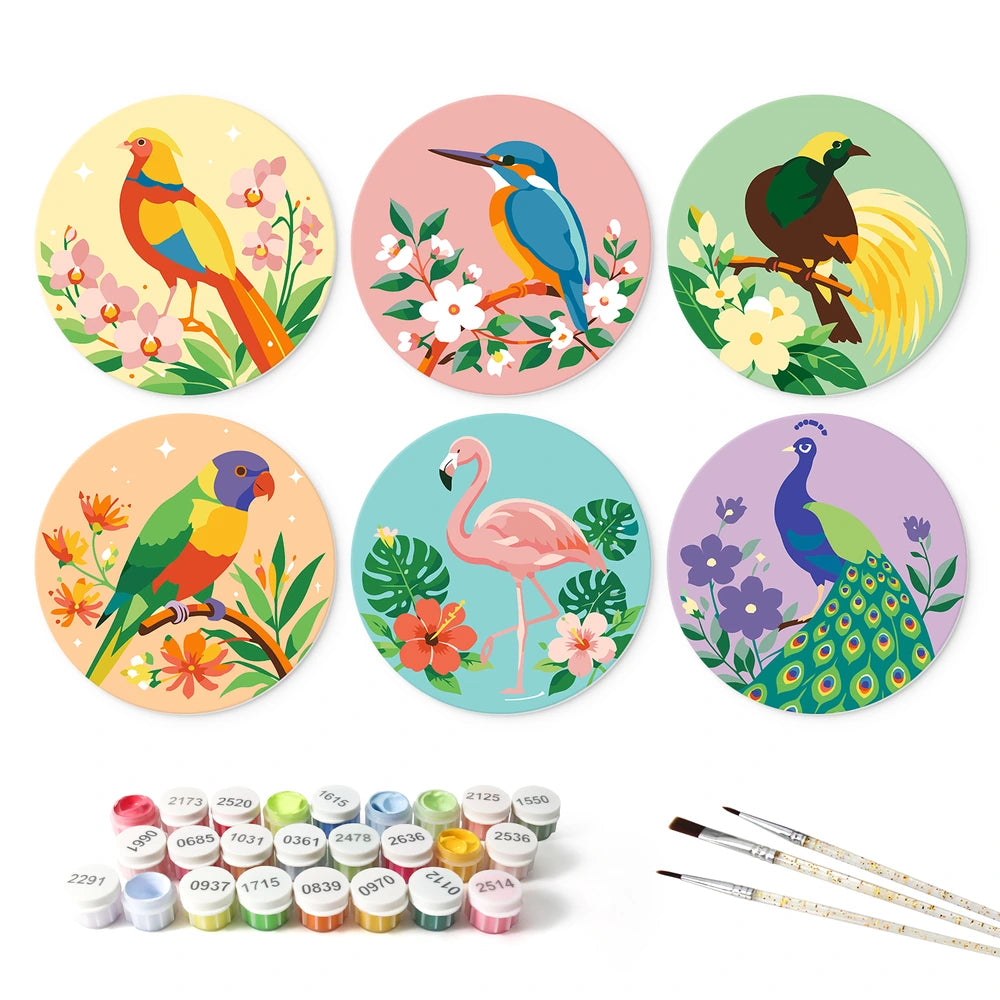 
Paint by Numbers – 6 Mini Paintings | Peacock, Flamingo and Kingfisher (Round)
